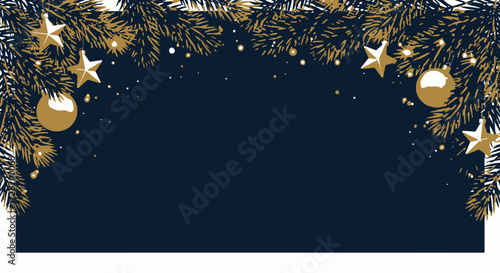 Elegant Christmas Banner with Golden Decorations on a Dark Blue Background, Festive Holiday Design