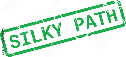 Green rectangle displays Silky Path text using slightly distorted letters on white background