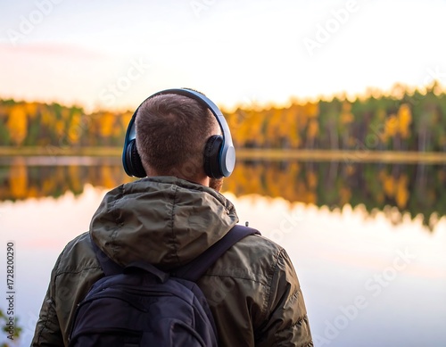 Man listening to music by a lake in autumn