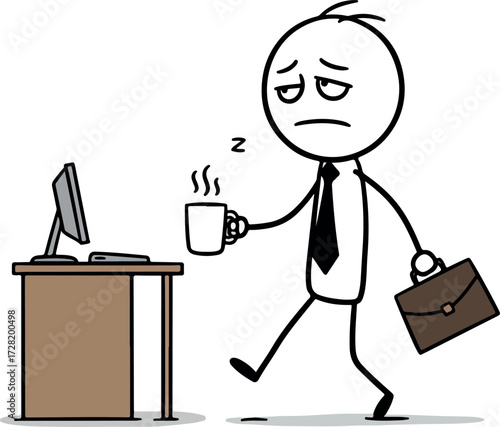 Tired businessman walking with coffee and briefcase after work.