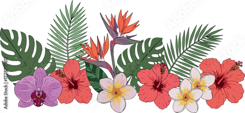 Tropical floral arrangement with vibrant flowers and lush green foliage.