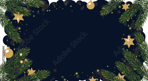 Festive Christmas Border Elegant Evergreen Sprigs, Golden Ornaments & Star Accents on Dark Backdrop