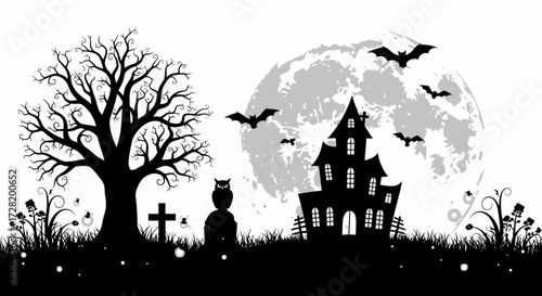 Spooky Halloween Night Silhouette of Haunted House, Bats, and Full Moon in Creepy Scene