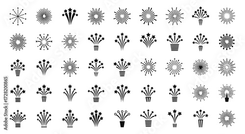 Black and White Set of Fireworks Icons for Various Design and Festive Occasions
