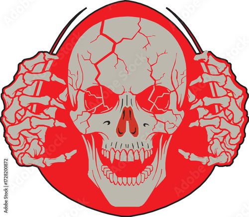 Bloody cracked skull with Red Blood background.