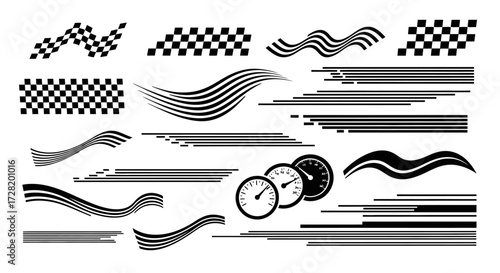 Set of racing car stripes, speedometers, and wave elements for design and decoration purposes