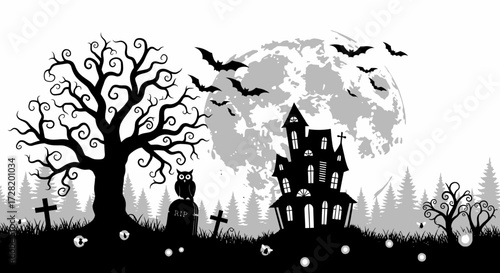 Spooky Halloween Scene Silhouette of a Haunted House, Bats, and a Full Moon in a Creepy Landscape