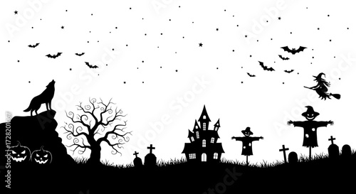 Spooky Halloween Silhouette Scene Werewolf, Witch, Haunted House, and Spooky Elements Under a Starry Sky
