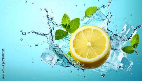 Refreshing lemon and mint splashing in water with ice cubes on blue background