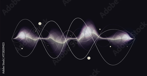 Abstract graphic illustration of sound wave patterns with flowing lines and dots.