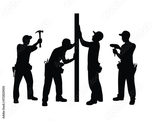 Black silhouette construction workers building structure carpenters
