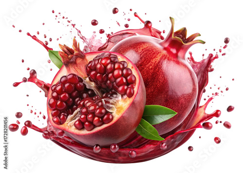 A splash of Pomegranate juice in motion, vibrant isolated on white background