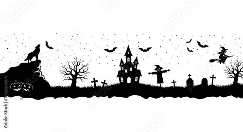 Spooky Halloween Silhouette Scene with Pumpkins, Castle, Witch, and Howling Wolf Under the Night Sky