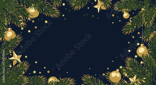 Festive Christmas Frame with Evergreen Branches, Ornaments, and Stars on a Dark Blue Background