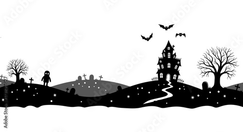 Spooky Halloween Scene Silhouetted haunted house, graveyard, bats and eerie atmosphere, vector design