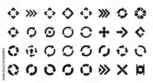 Set of thirty-six black and white arrow and circular directional icons for UI design and web graphics