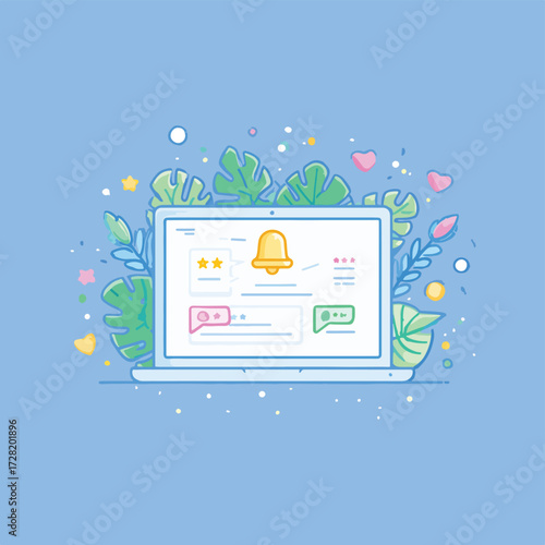 파스텔톤 배경 위 노트북 화면에서 울리는 알림과 메시지, 별점 아이콘들이 현대 사회의 활발한 온라인 소통과 디지털 상호작용의 풍경을 부드럽고 감성적인 벡터 스타일로 아름답게 묘사하며, 정보화 시대의 연결성을 강조하는 창의적인 그래픽 디자인입니다.