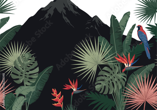 Tropical paradise scene with mountain and vibrant flora and fauna.