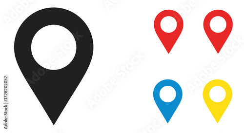 Location Pin Icons Black, Red, Blue, and Yellow Variants for Maps and Navigation Applications