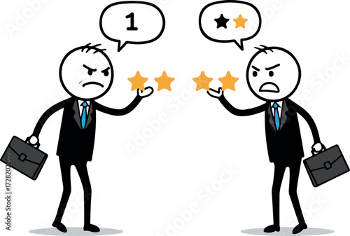 Two businessmen argue about rating stars and customer satisfaction.