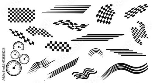 Race-Themed Design Elements Collection Checkered Flags, Speedometers, and Racing Stripes