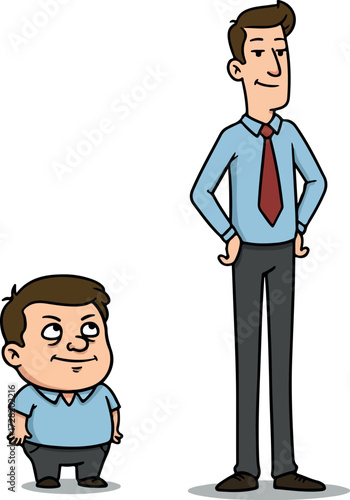 Two cartoon men of different heights stand side by side one short and one tall.