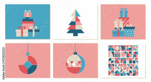 Set of Festive Geometric Illustrations Gift Boxes, Christmas Tree, Ornaments, Abstract Patterns for Holiday Greetings