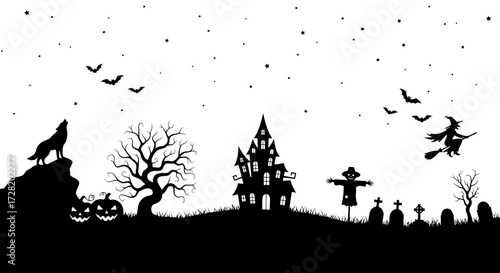 Spooky Halloween Silhouette Scene with Wolf, Haunted House, Witch, and Graveyard Under a Starry Sky