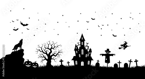 Spooky Halloween Silhouette Scene Featuring a Howling Wolf, Haunted House, and Festive Elements