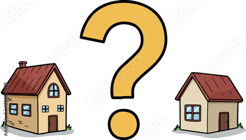 Two houses and a question mark representing a housing dilemma.