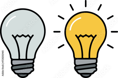 Two light bulbs representing ideas one off and one on with bright glow.