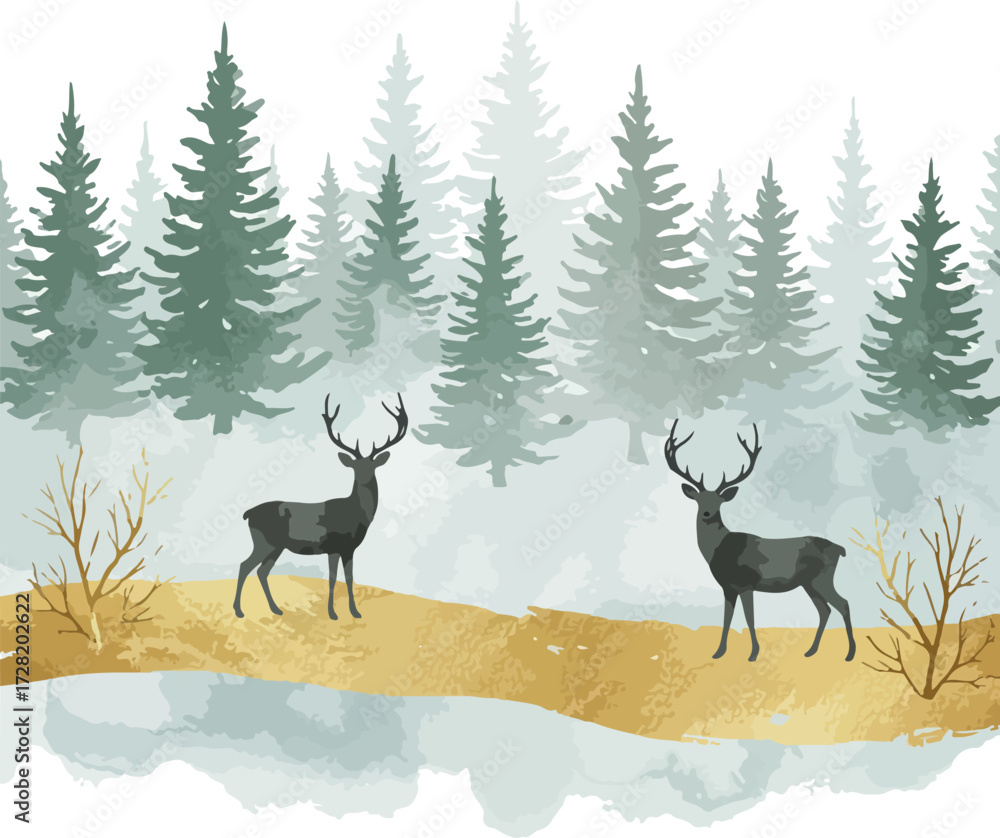 Obraz premium Two majestic deer stand proudly in a serene winter landscape showcasing natures beauty.