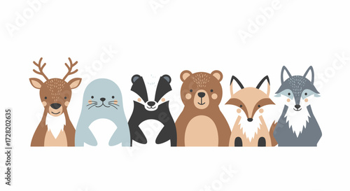 Adorable woodland creatures including deer, seal, badger, bear, fox, and wolf in a charming horizontal border design