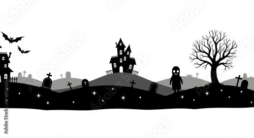 Spooky Halloween graveyard scene with haunted house, ghost, bats, and bare tree under starry night sky