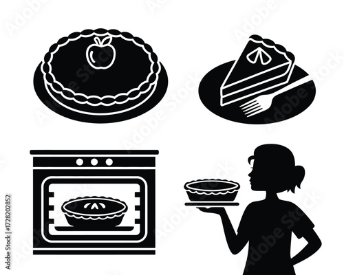 Black silhouette dessert scenes apple pie slice baking oven person holding pie fork