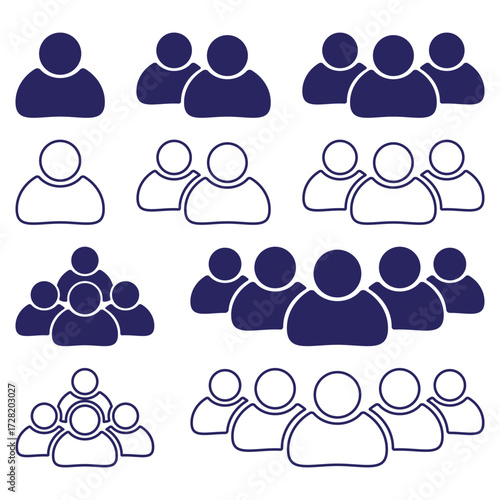 Minimalist vector illustration of a group of people icons, solid and outline style.