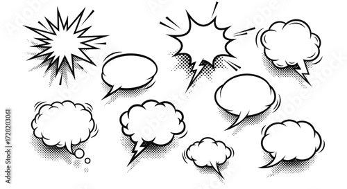 Dynamic comic book speech bubbles and action lines create vibrant dialogue and explosive sound effects for creative projects