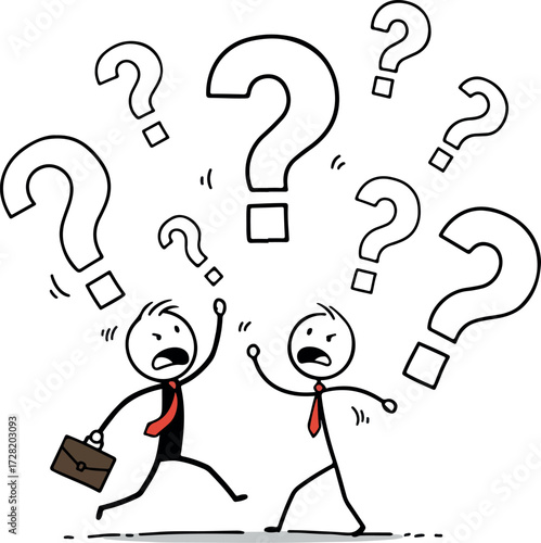 Two stick figures arguing with question marks representing confusion and conflict.