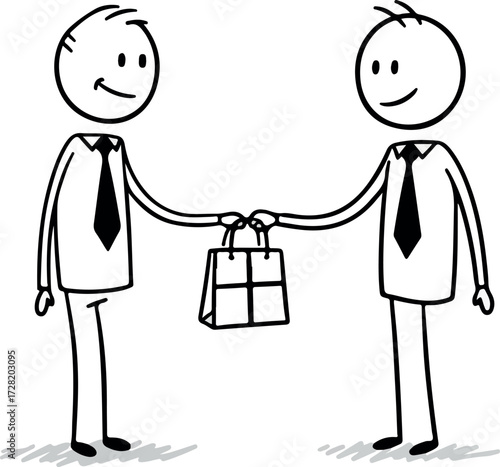 Two stick figures exchanging a gift bag representing business deal.
