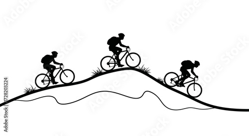 Dynamic cyclists race downhill, embracing adventure and outdoor freedom on rugged terrain with backpacks ready