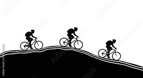 Dynamic cyclists race uphill against a stark white background, showcasing determination and athletic pursuit in a modern, minimalist style.