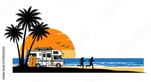 Active couple enjoys sunset jog by camper van and surfboards on tropical beach vacation adventure