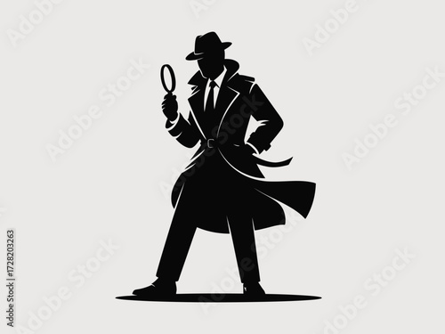 Black silhouette detective with magnifying glass trench coat fedora