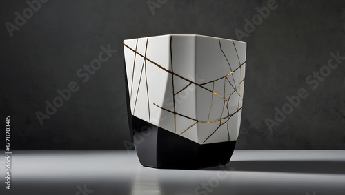 High-contrast studio shot of a fractured geometric vase.