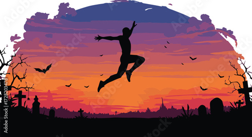 Dynamic silhouette of a person soaring with exhilaration above a tranquil cemetery at dusk, representing spiritual rebirth, personal liberation, and the hopeful journey ahead
