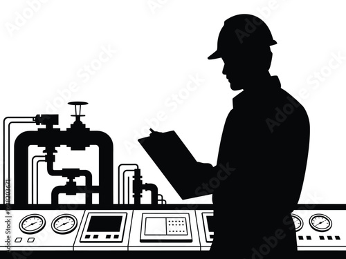 Black silhouette engineer observing industrial control panel machinery