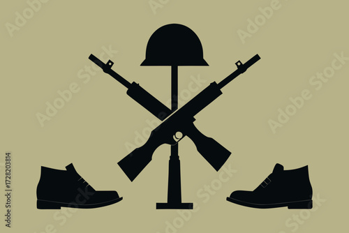 Memorial Scene _ Rifle + Helmet + Boots silhouette (Fallen Soldier Battle Cross)