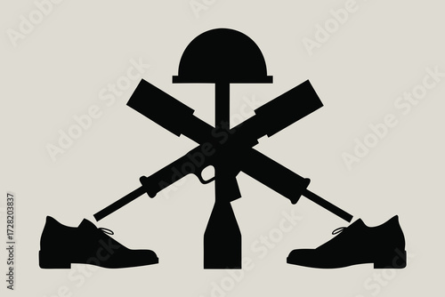 Memorial Scene _ Rifle + Helmet + Boots silhouette (Fallen Soldier Battle Cross)