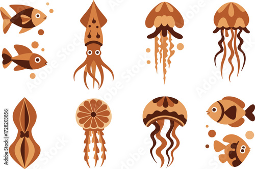 Various marine creatures in a brown color scheme artistic illustration.