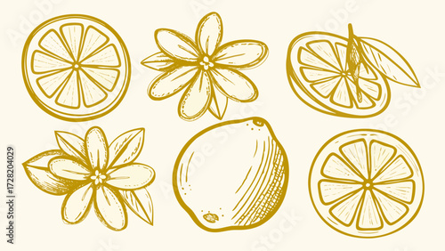 Fresh lemon fruit and blossom drawing for summer designs, offering a burst of citrus flavor and sunny delight, ideal for food packaging and branding